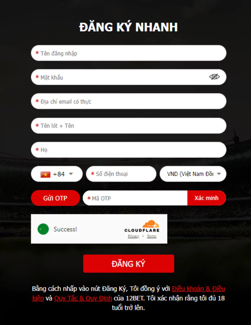 đăng ký tài khoản 12bet